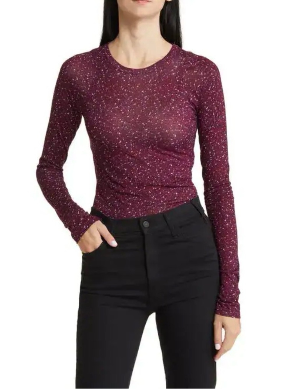 rag & bone Burgundy Shaw Houndstooth Long Sleeve Cotton Top Size Small